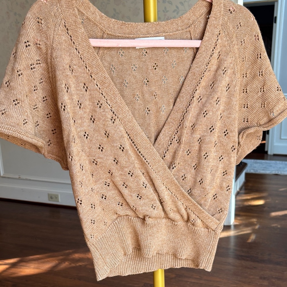 Wrap V-Neck Short-Sleeve Sweater in Light Brown